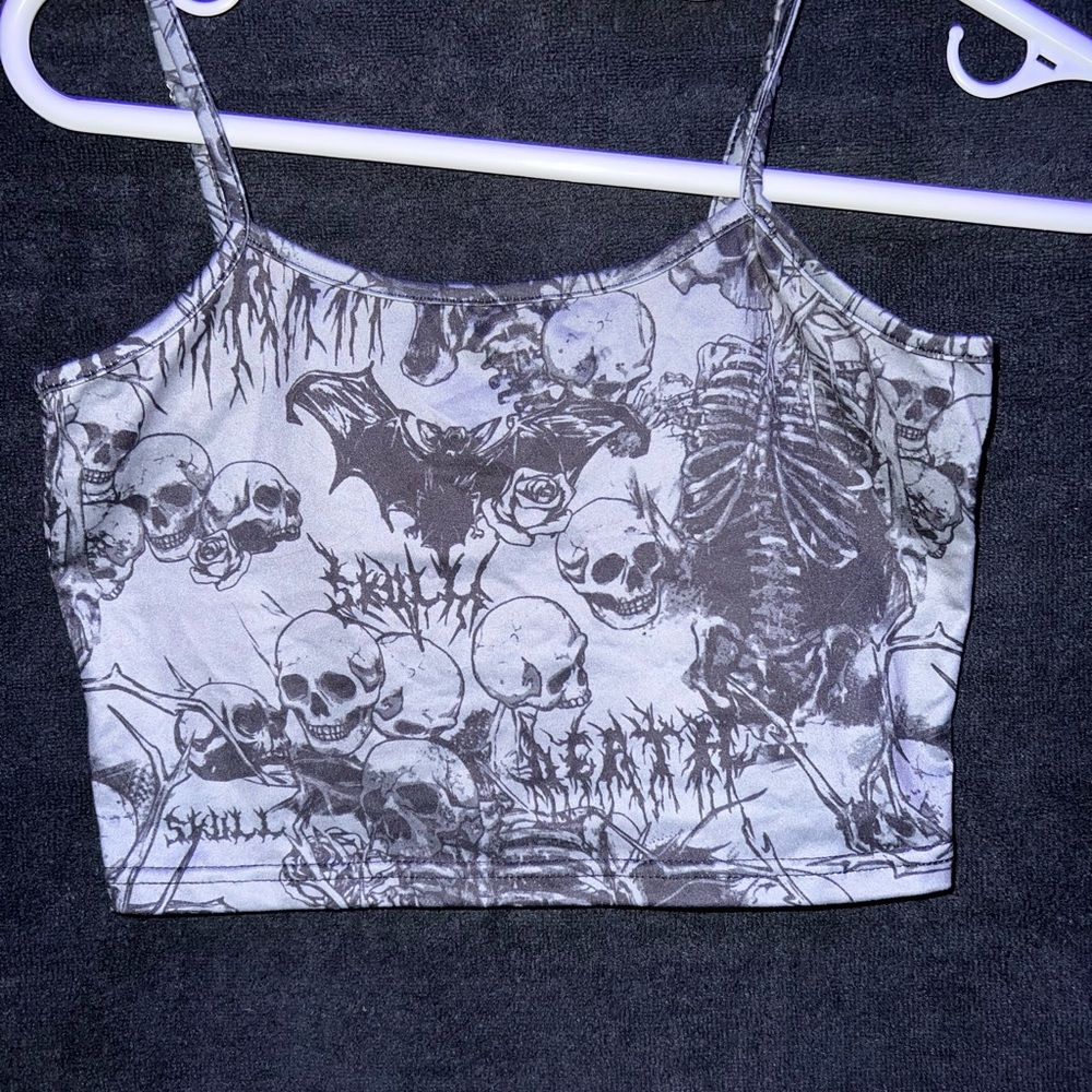 Gray Skull and Bat Print Crop Top